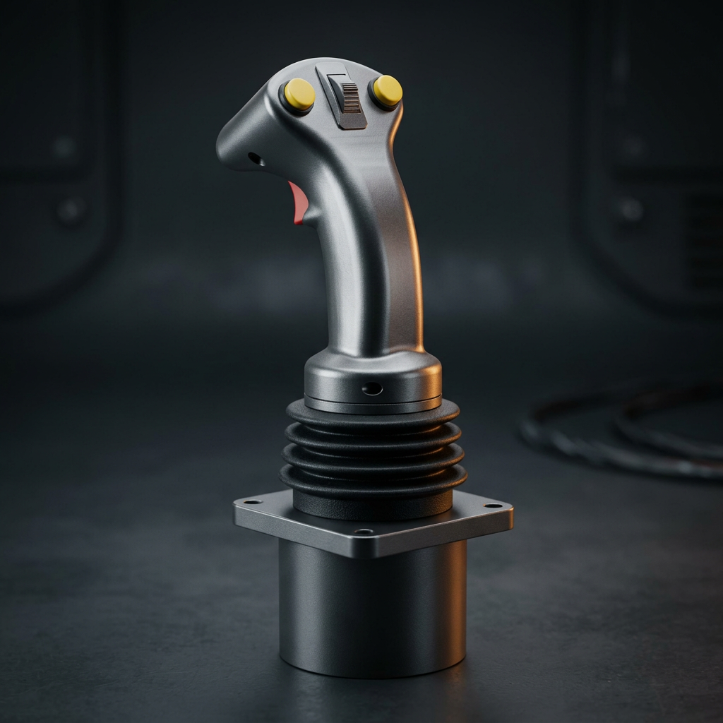 Industrial flight joystick mounted on a carbon fiber cockpit panel