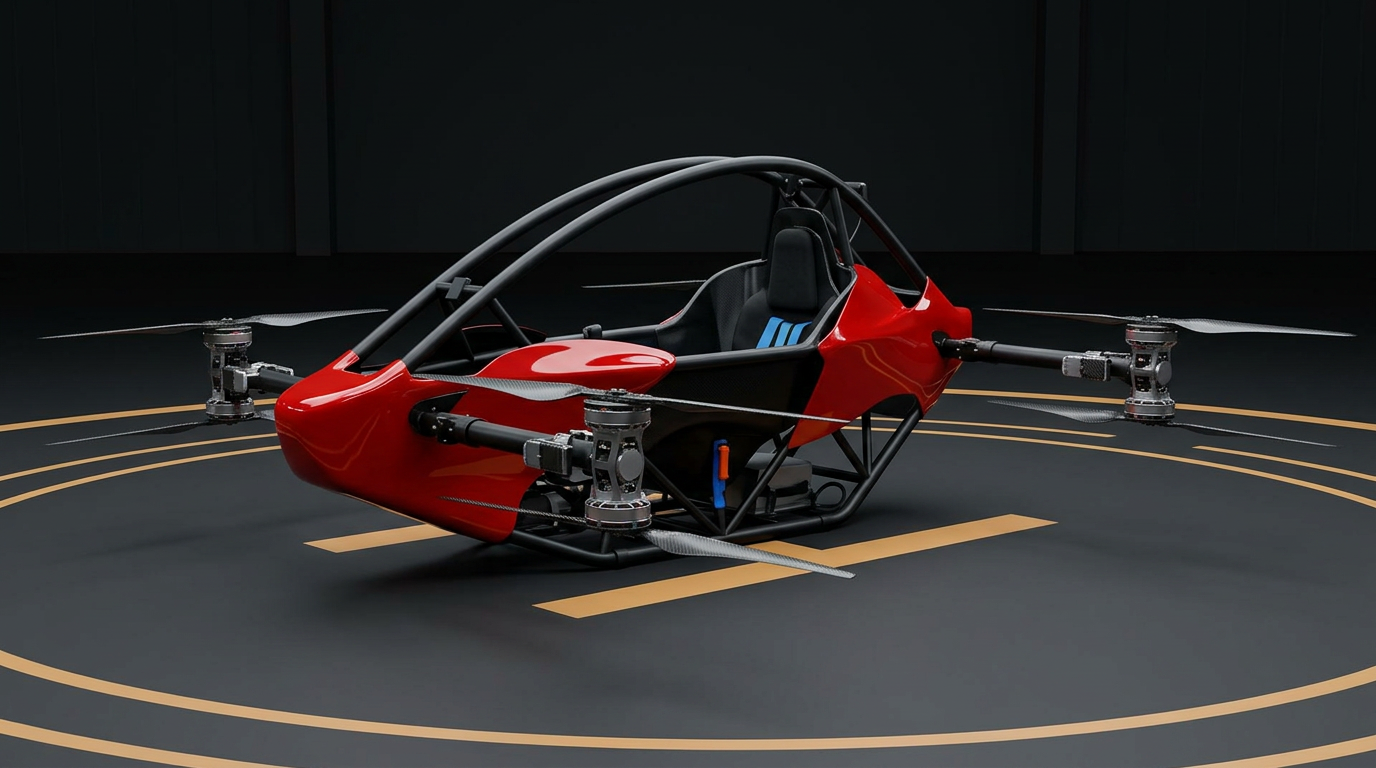 Project eVTOL heavy-lift prototype with coaxial rotor arms on a landing pad